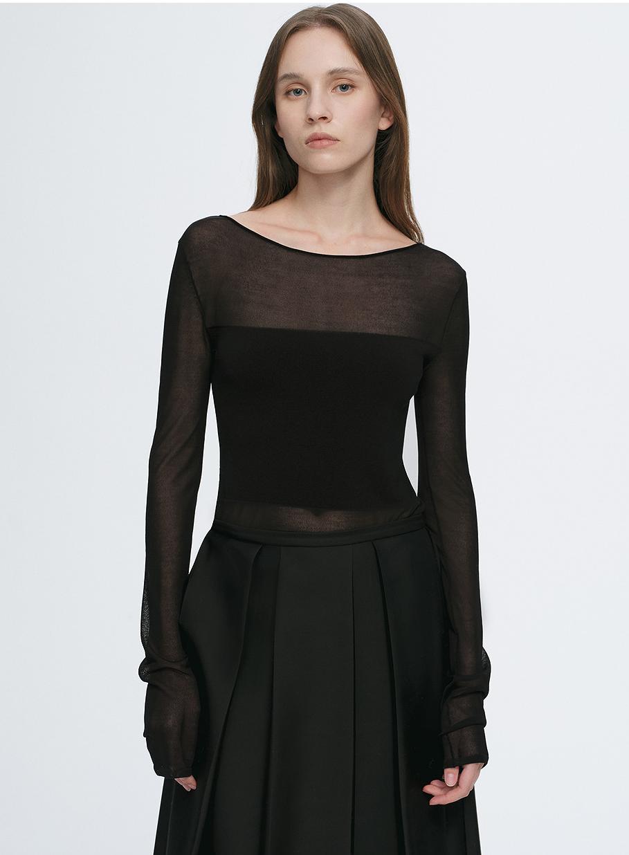 Transparent patchwork acetate Tencel temperament slim fit slim long sleeve T-shirt