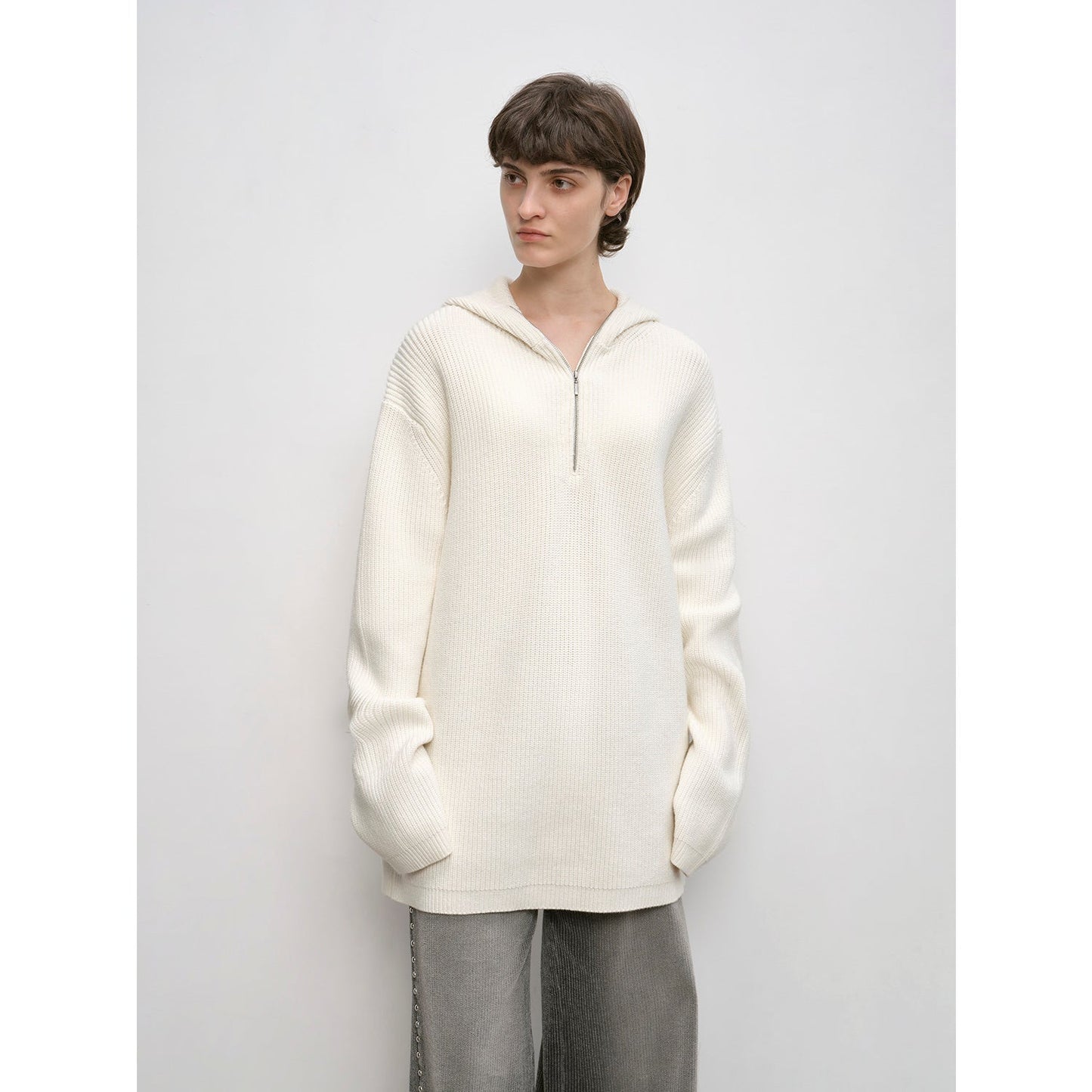 Women's zipper round neck wool hoodie oversized sweater Boyfriend Fit