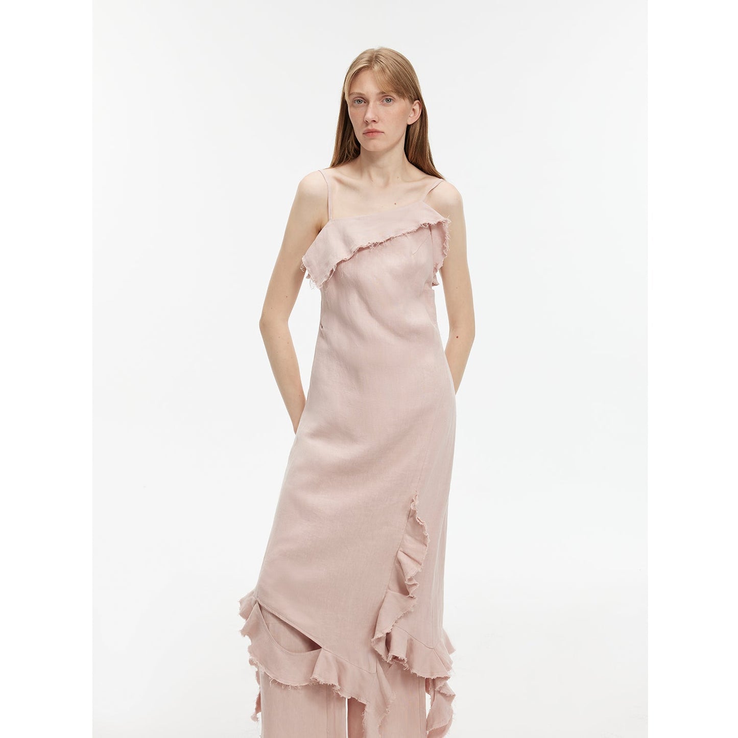 Sand-washed Linen Sling Ruffled Irregular Fit Sling Dress"Summer Whisper"