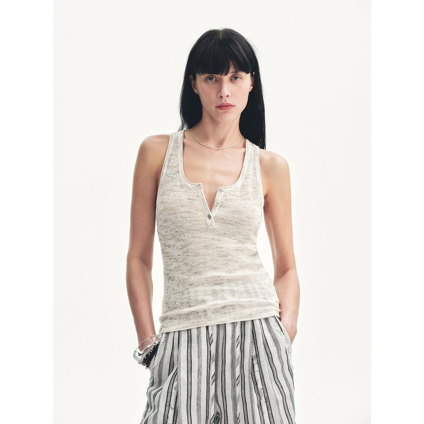 Cotton and Linen Blended Henley Collar Beaded Vest Summer"Summer Night Starry Sky"