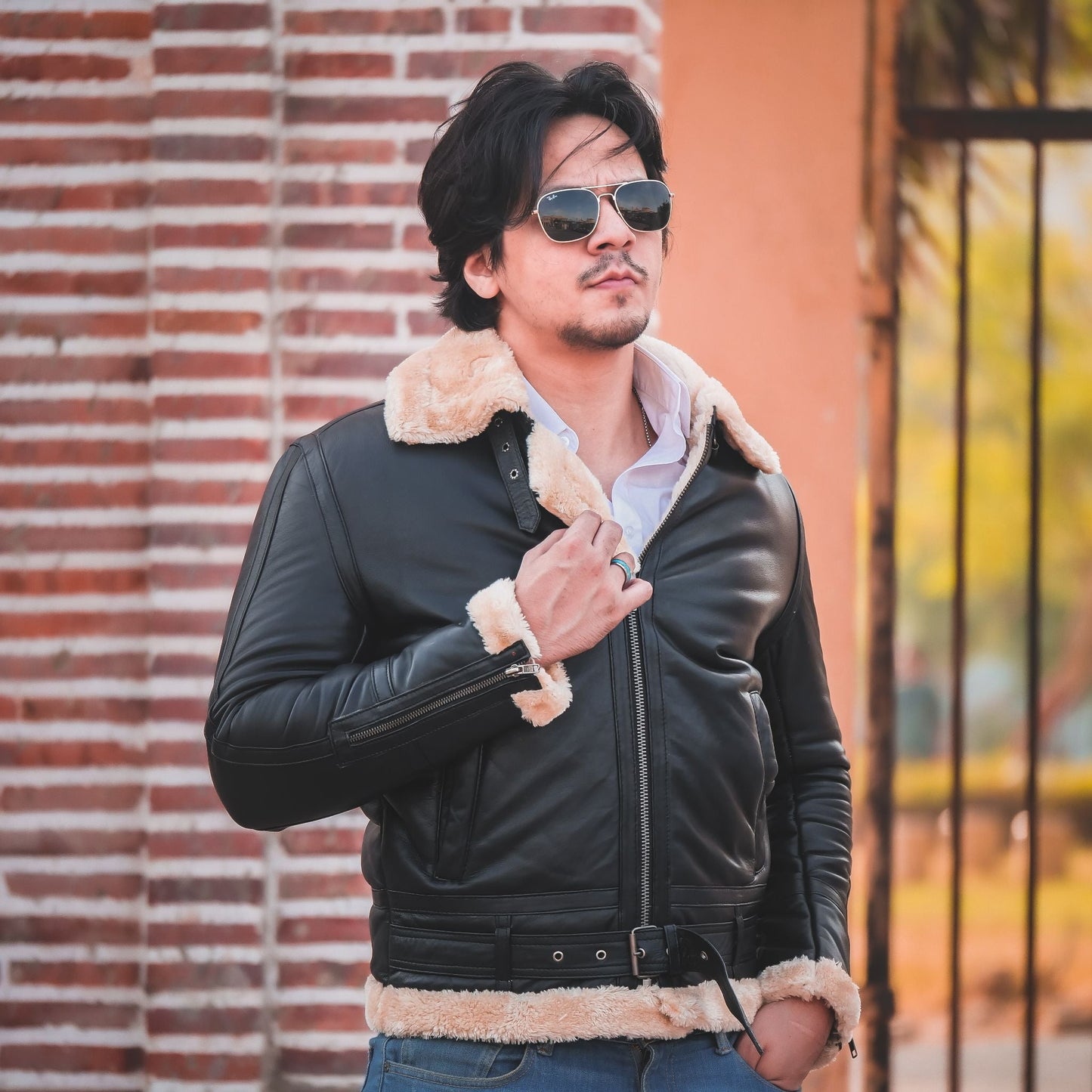 Premium Shearling Fur Leather Jacket Black