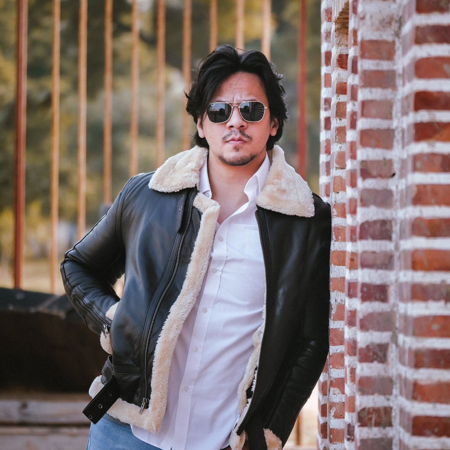 Premium Shearling Fur Leather Jacket Black