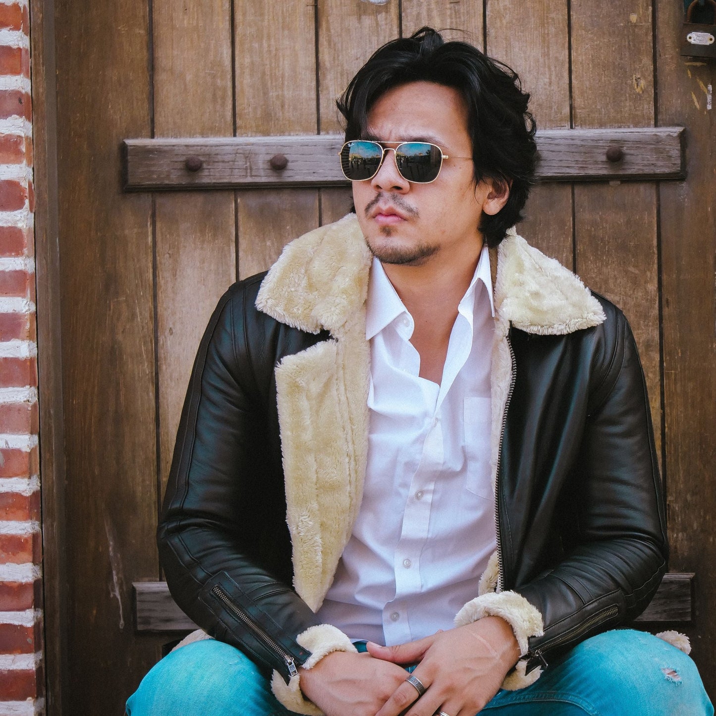 Premium Shearling Fur Leather Jacket Black