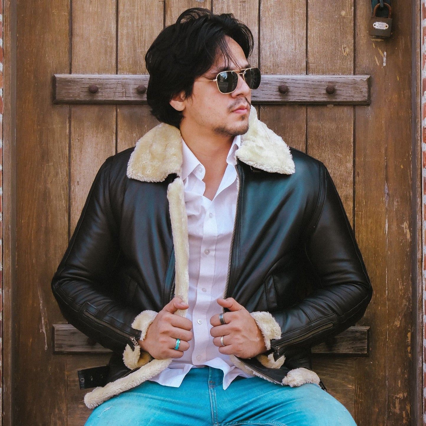 Premium Shearling Fur Leather Jacket Black