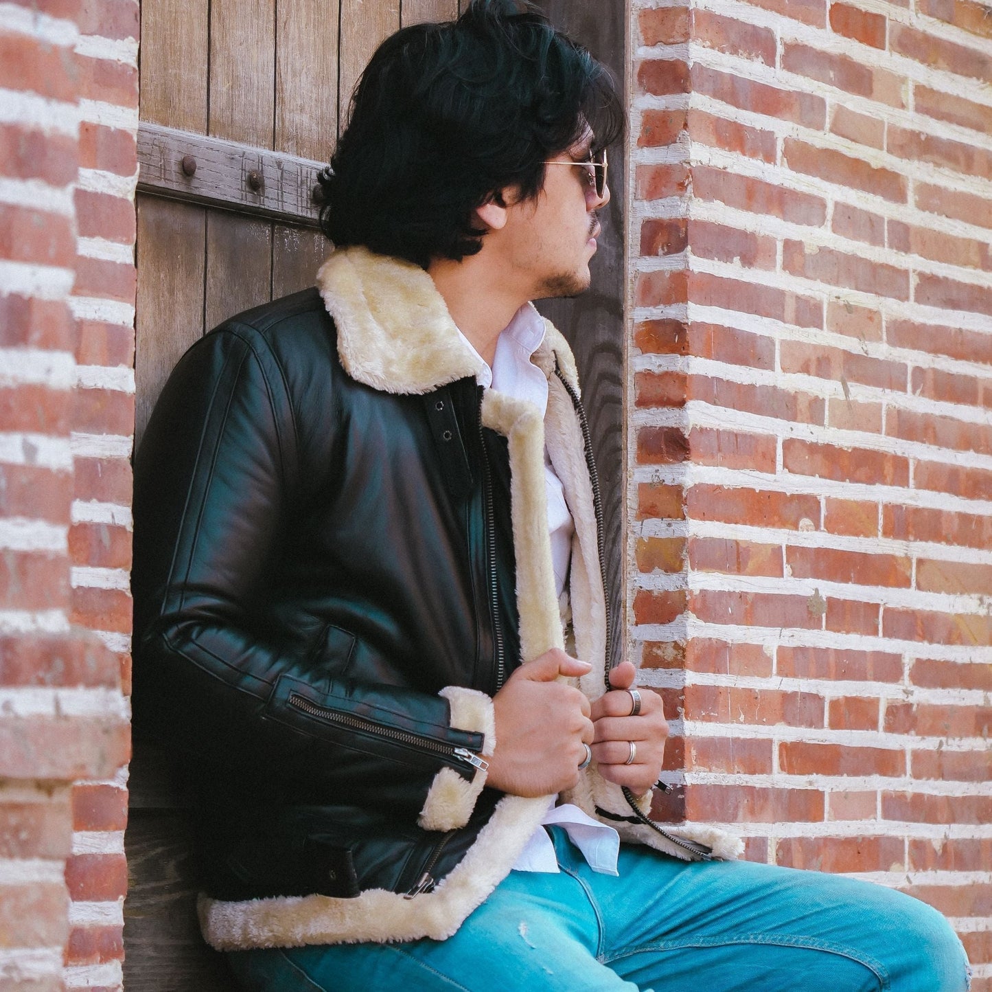 Premium Shearling Fur Leather Jacket Black