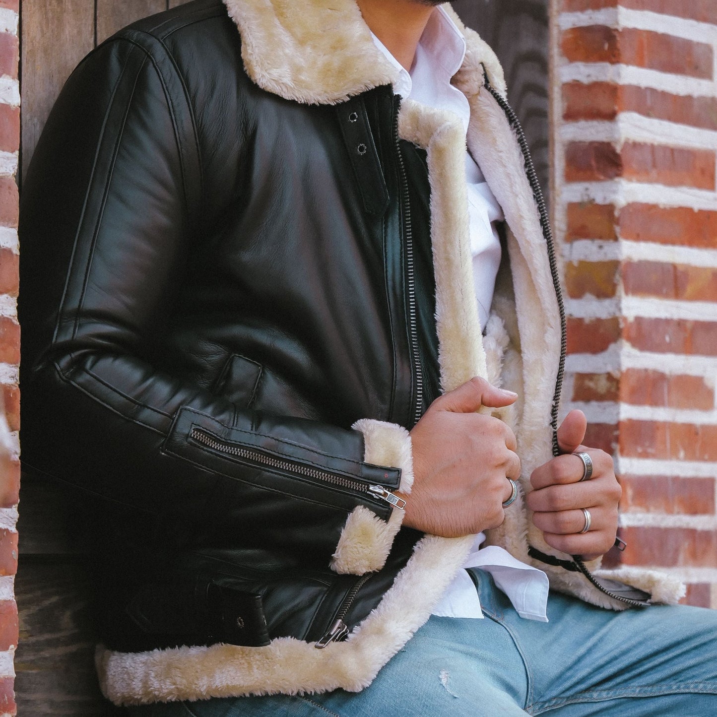 Premium Shearling Fur Leather Jacket Black