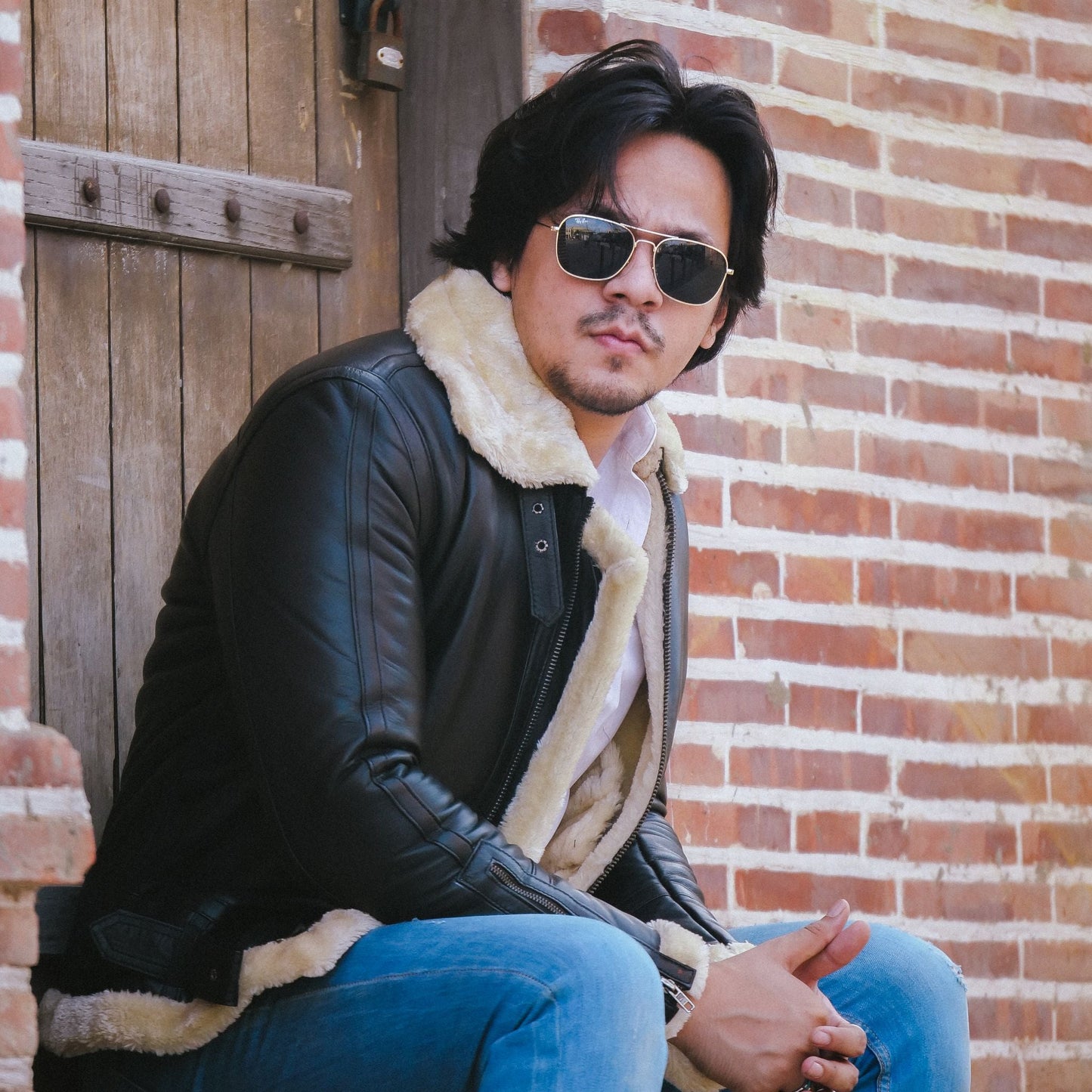 Premium Shearling Fur Leather Jacket Black