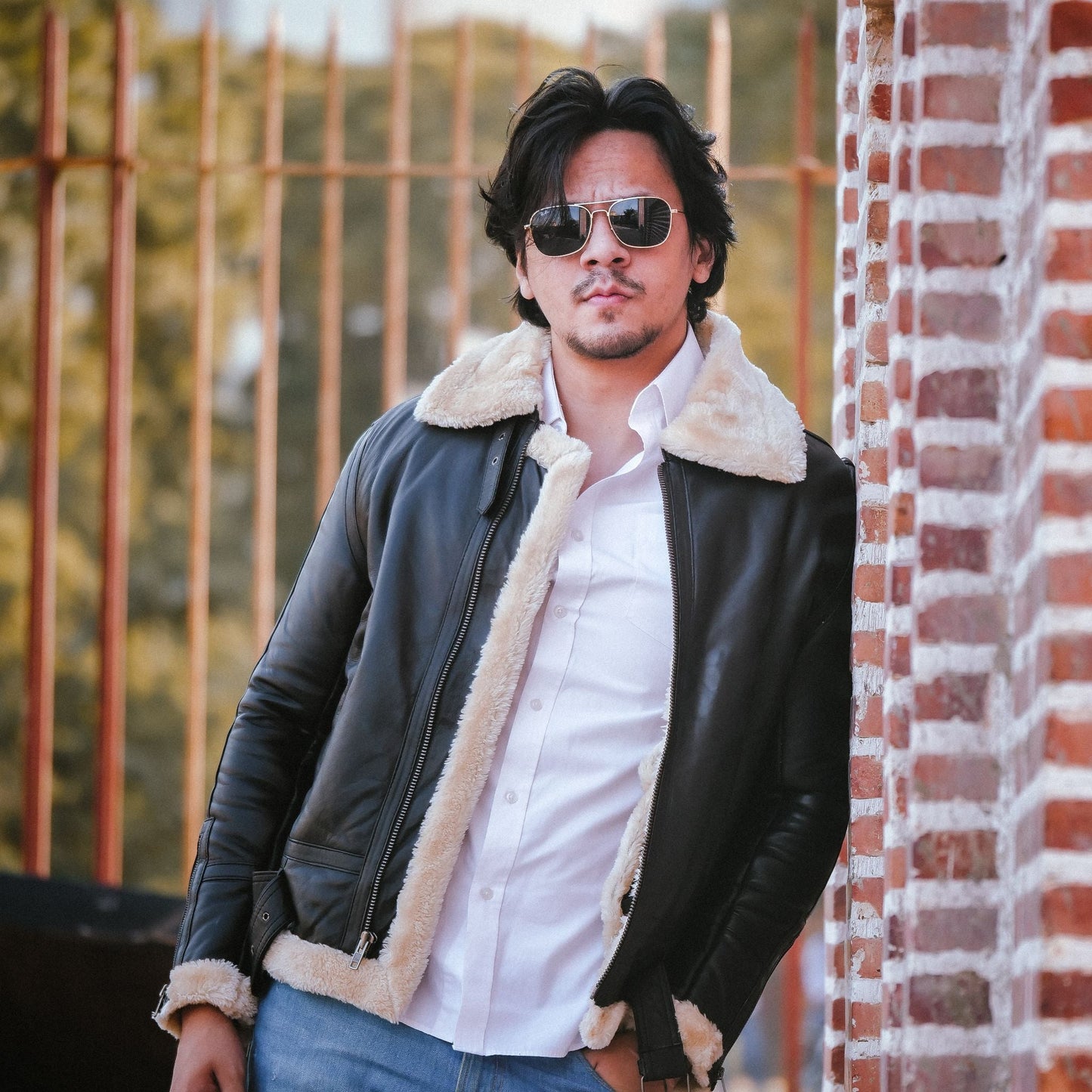 Premium Shearling Fur Leather Jacket Black