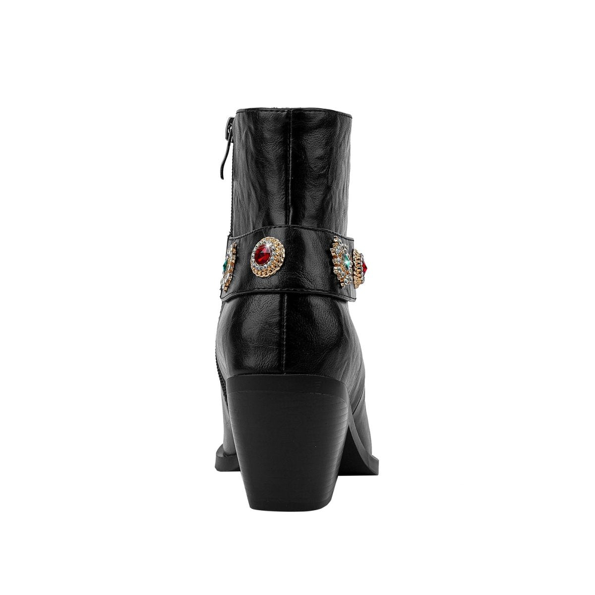 Autumn Crystal Embellished Strap Western Black Ankle Boots