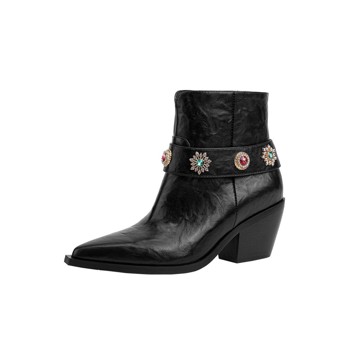Autumn Crystal Embellished Strap Western Black Ankle Boots