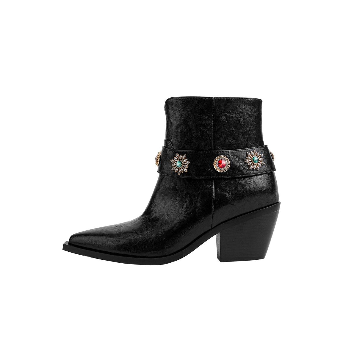 Autumn Crystal Embellished Strap Western Black Ankle Boots