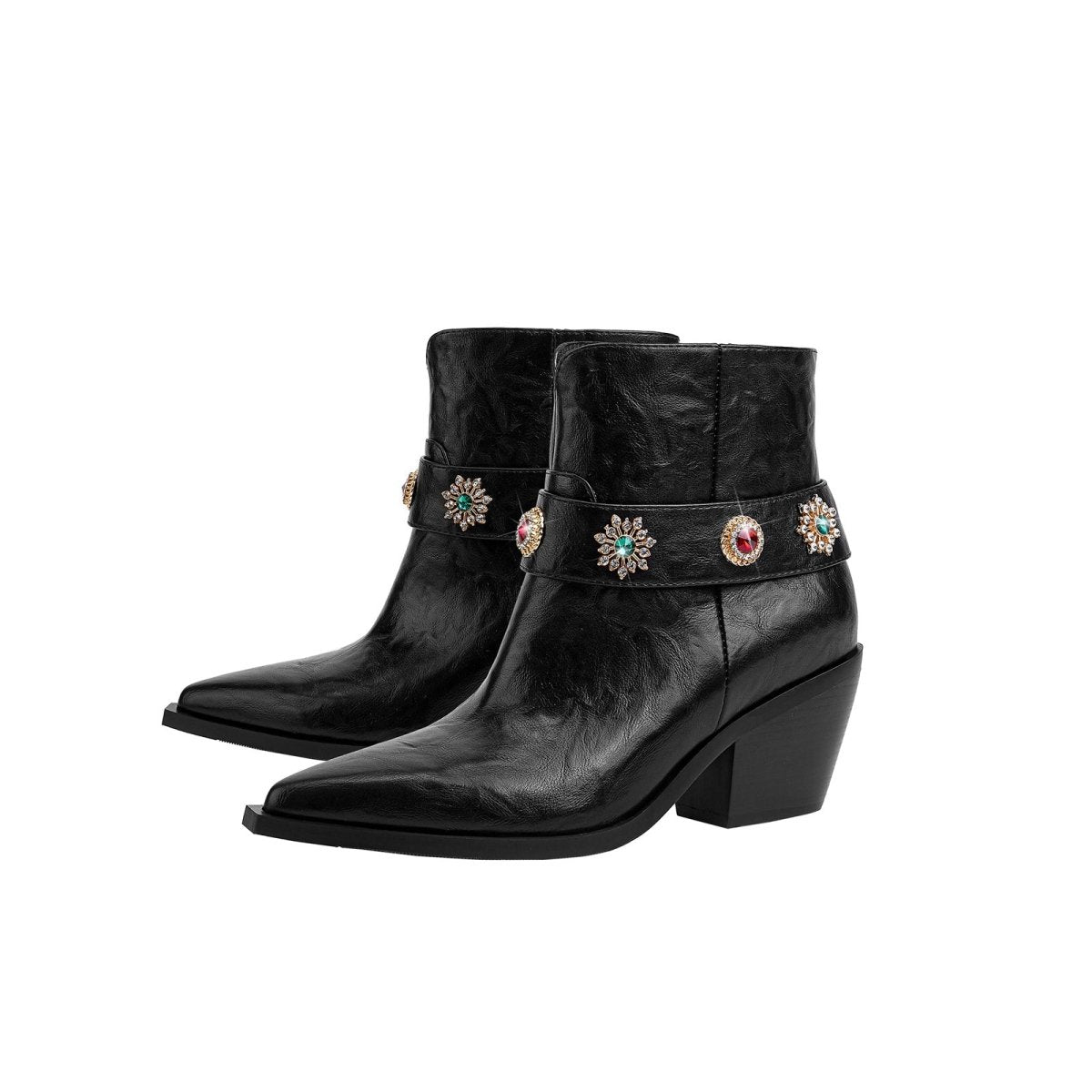 Autumn Crystal Embellished Strap Western Black Ankle Boots