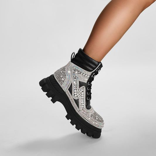 Black Crystal Embellished Walking Ankle Boots