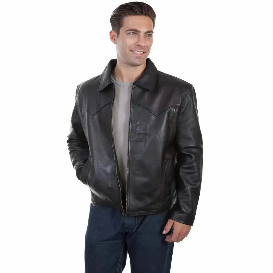 Men's Black Leather Jacket with Turn-Down Collar