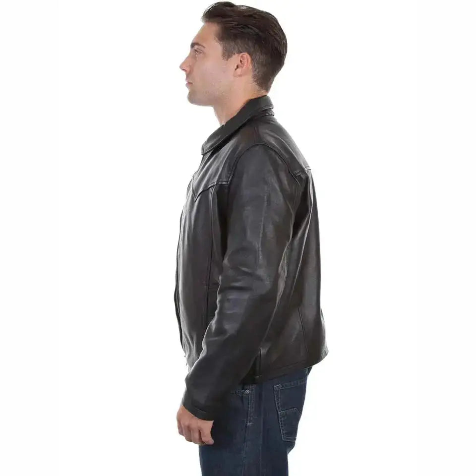 Men's Black Leather Jacket with Turn-Down Collar
