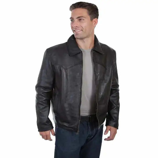 Men's Black Leather Jacket with Turn-Down Collar