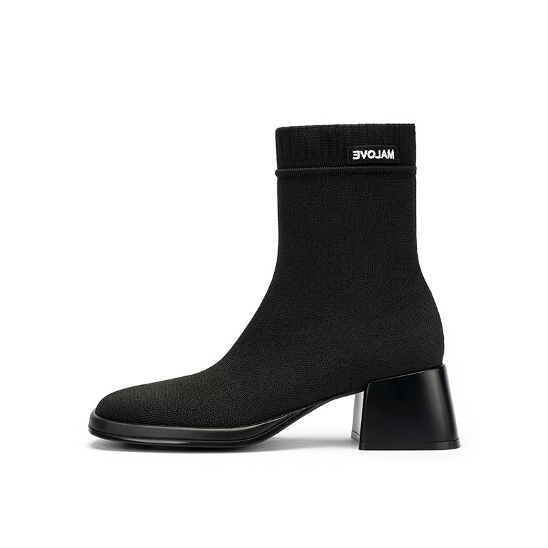 Block Heel Stretch Knit Boots