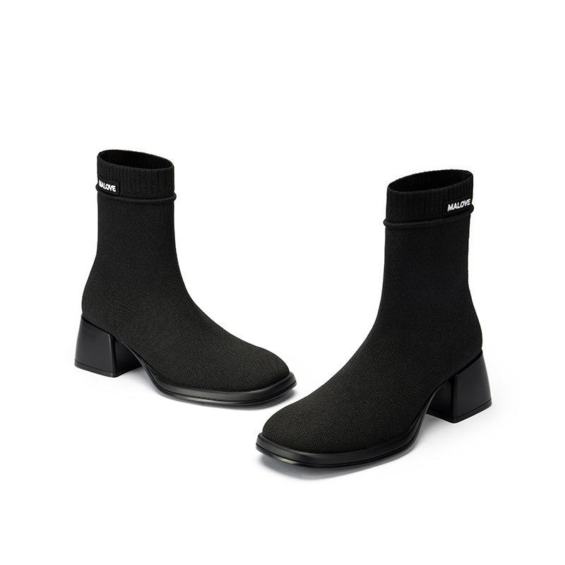 Block Heel Stretch Knit Boots