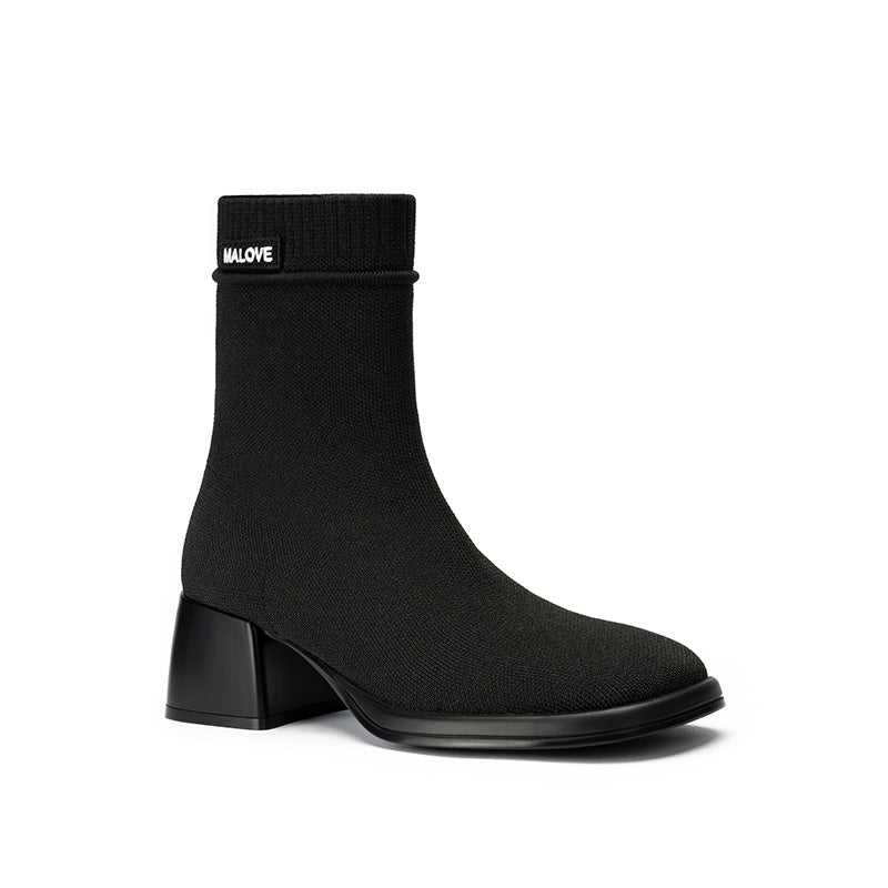 Block Heel Stretch Knit Boots