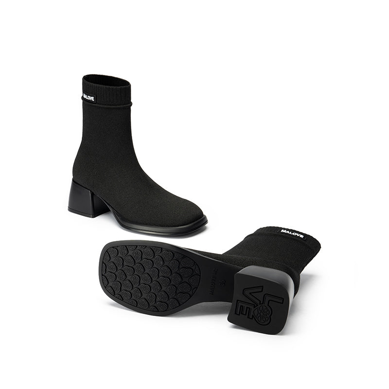Block Heel Stretch Knit Boots