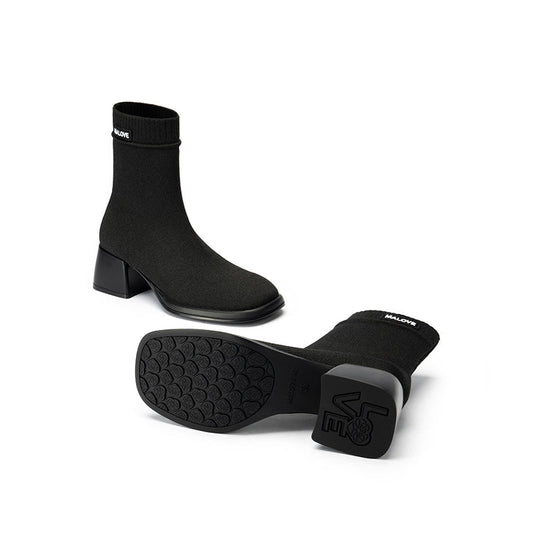 Block Heel Stretch Knit Boots