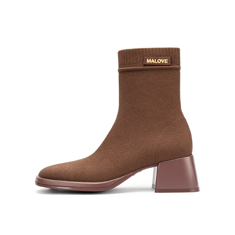 Block Heel Stretch Knit Boots