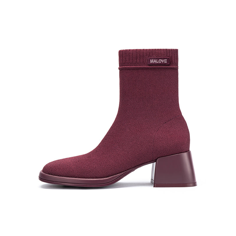Block Heel Stretch Knit Boots