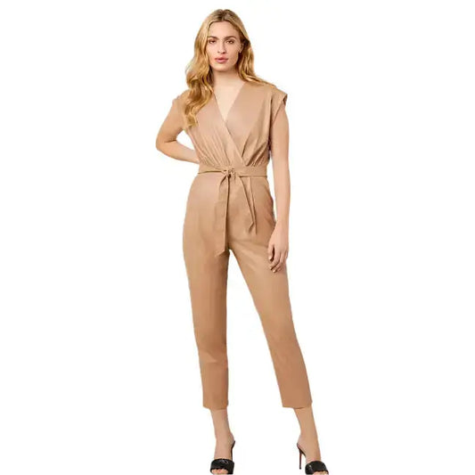 Women’s Brown Faux Leather Belted Jumpsuit