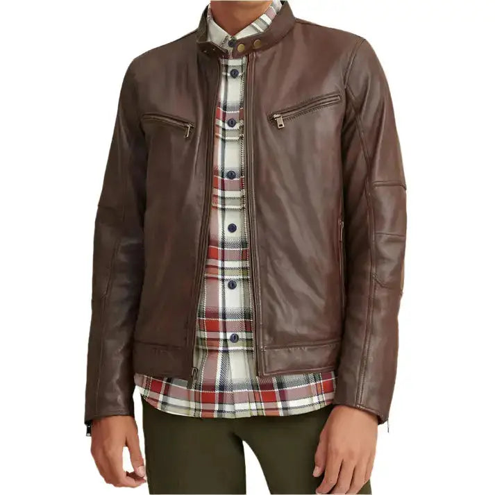 Men’s Brown Leather Moto Biker Jacket