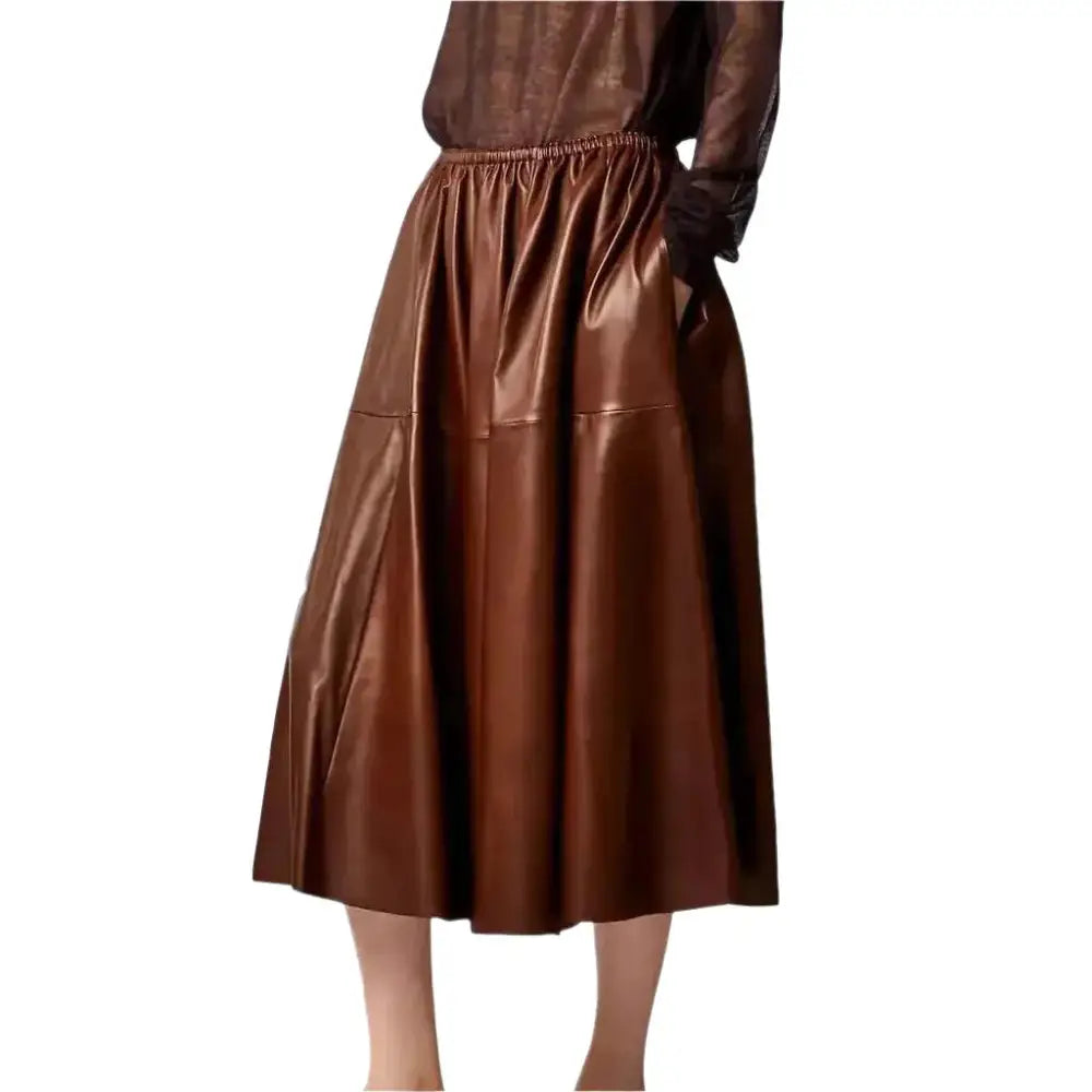 Women’s Brown Real Leather A-Line Flare Midi Skirt