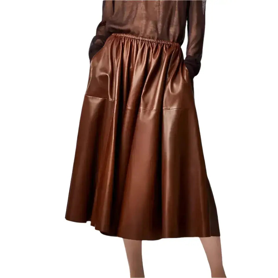 Women’s Brown Real Leather A-Line Flare Midi Skirt