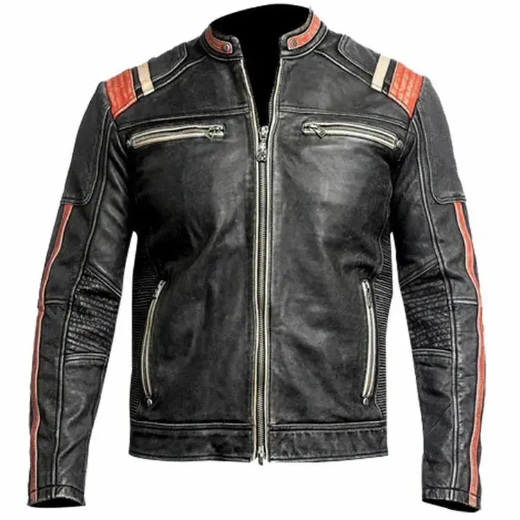 Men's Black & Orange Distressed Leather Cafe Racer Jacket