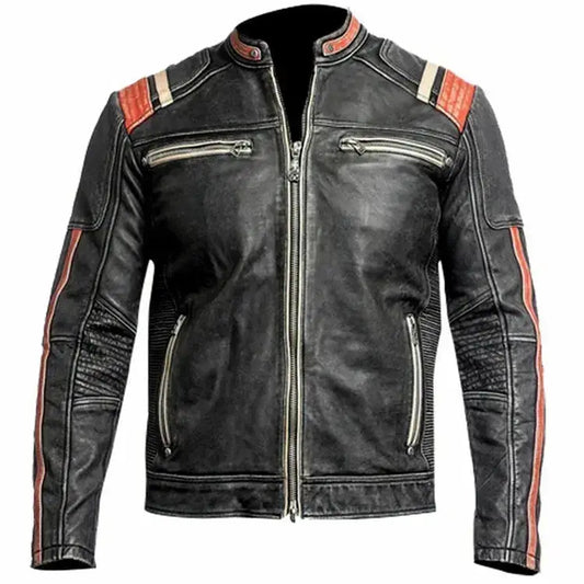 Men's Black & Orange Distressed Leather Cafe Racer Jacket