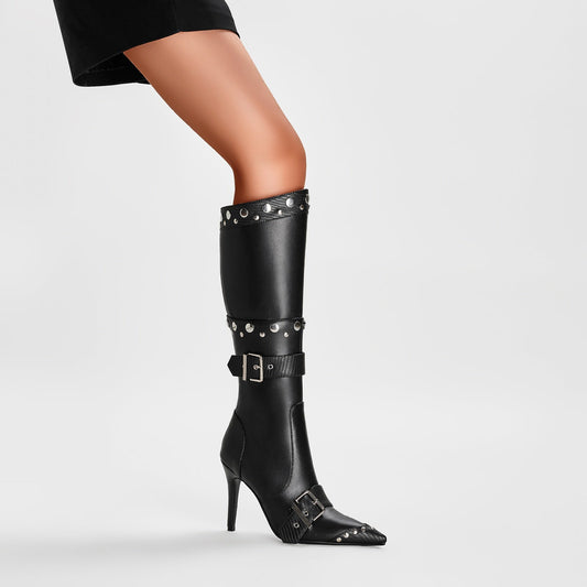 Convertible Double Buckle Black Pointed Toe Boots