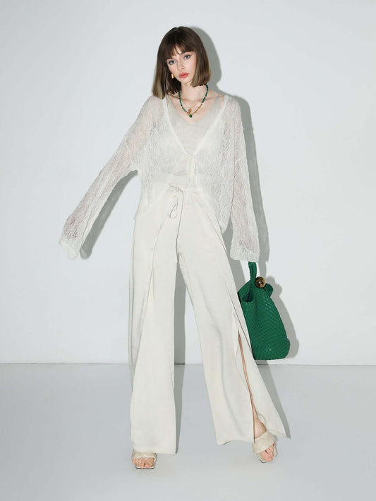 Delicate White Lace Sheer Cardigan with Bat Sleeves