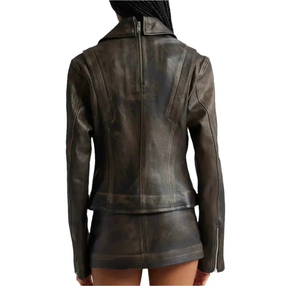 Women's Distressed Black Leather Jacket with Zipper Detail