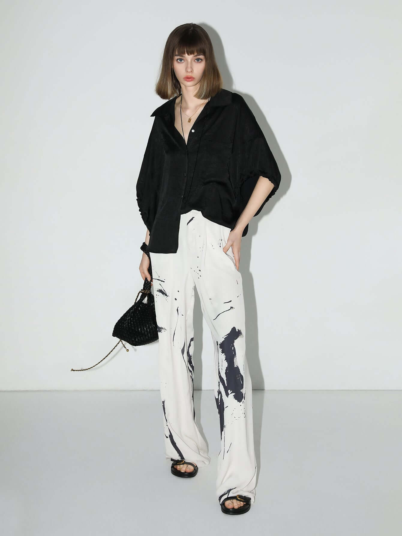 Draped Black Satin Batwing Shirt