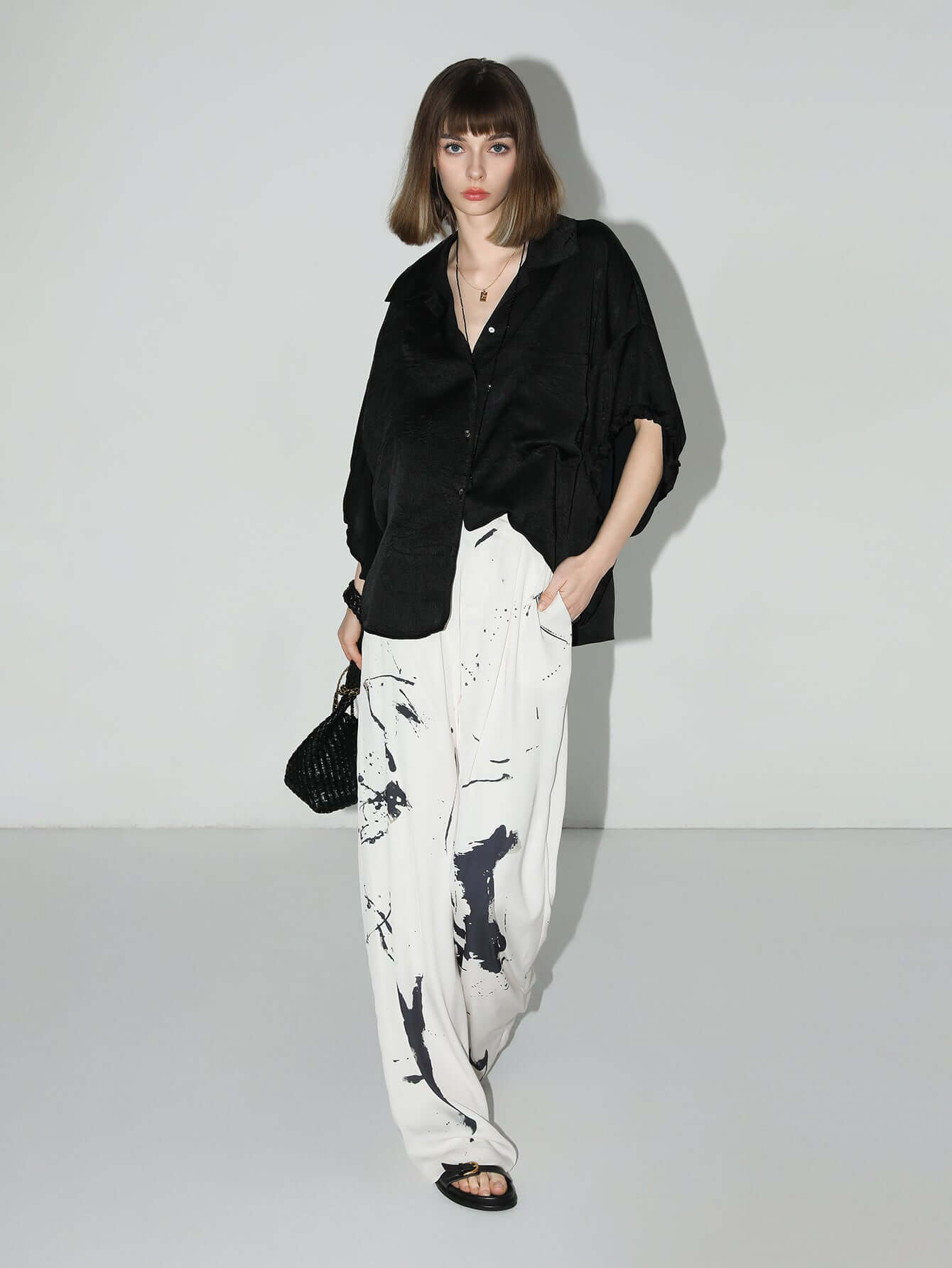 Draped Black Satin Batwing Shirt