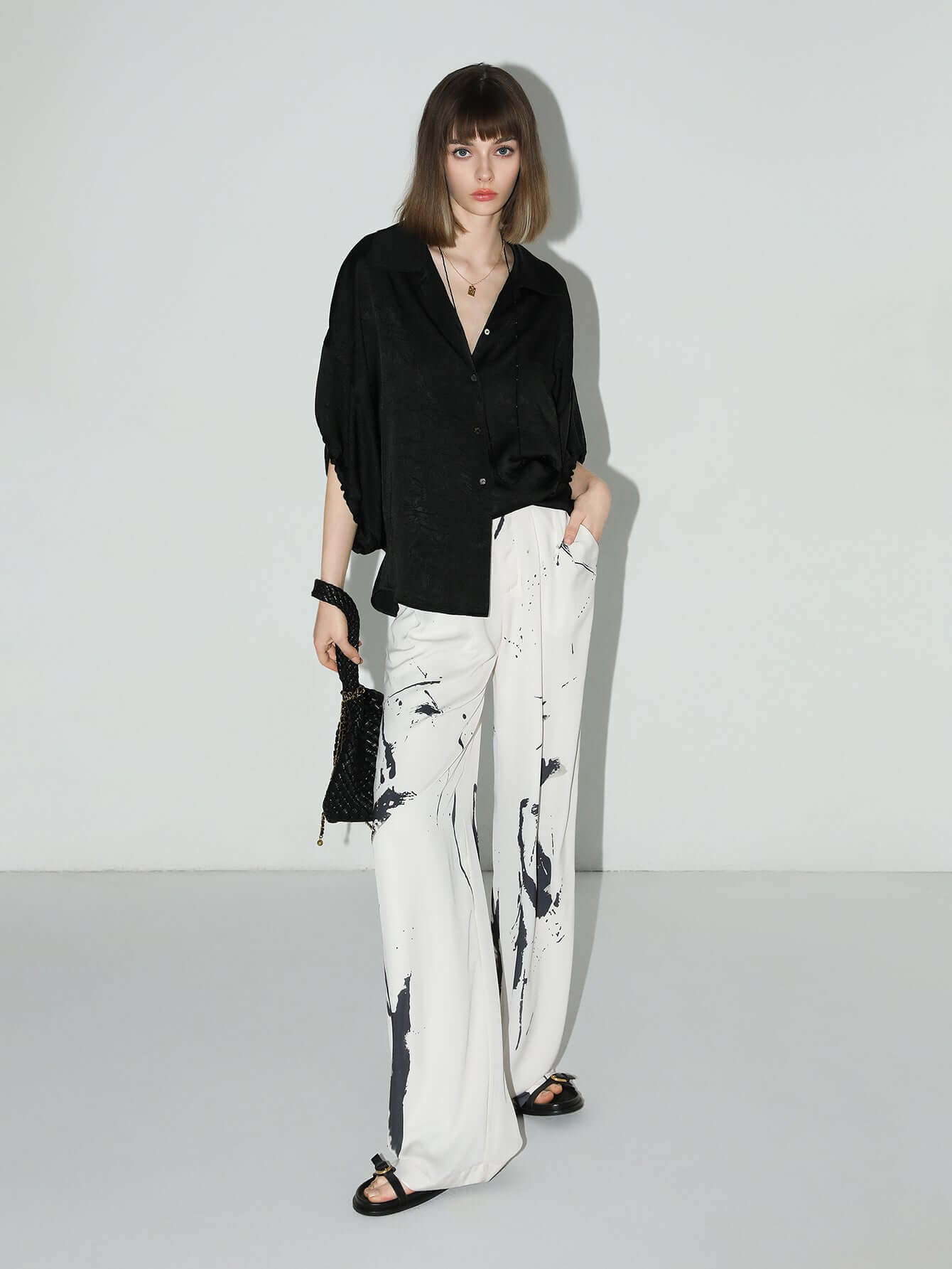 Draped Black Satin Batwing Shirt