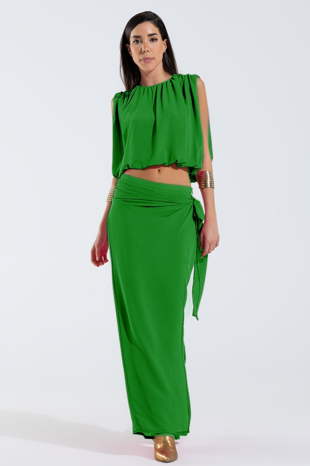 Wide Green Pants Overlay Skirt Tied at the Side