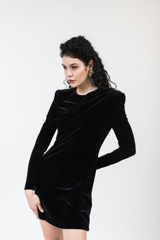 Velvet mini dress with an open back and Puff Sleeves