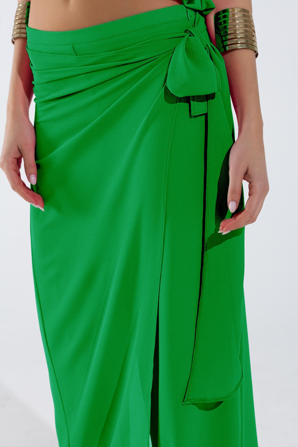 Wide Green Pants Overlay Skirt Tied at the Side