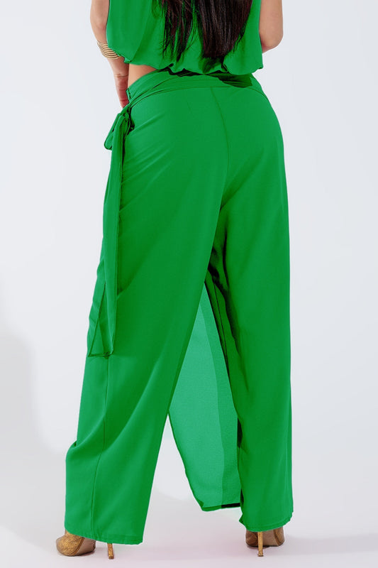 Wide Green Pants Overlay Skirt Tied at the Side