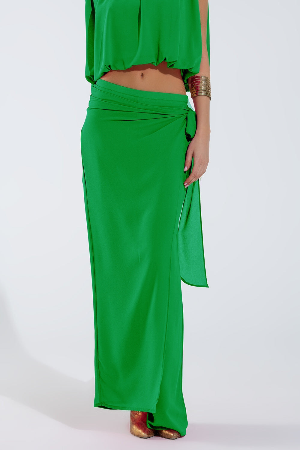 Wide Green Pants Overlay Skirt Tied at the Side