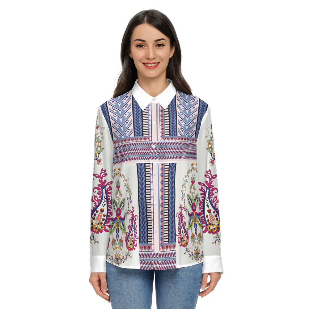 Women's Santorini Motif Classic Long Sleeve Button-Up Shirt