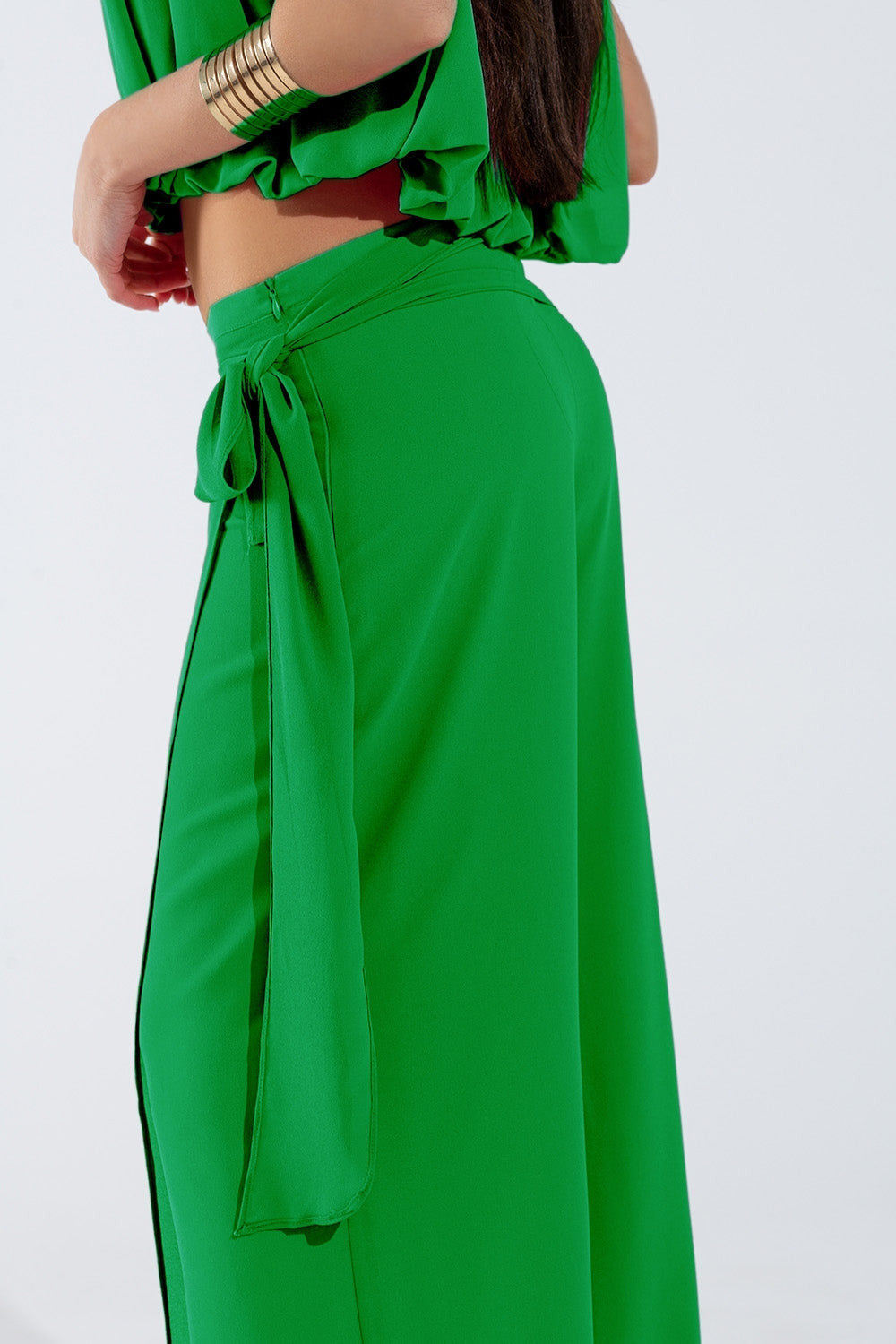 Wide Green Pants Overlay Skirt Tied at the Side