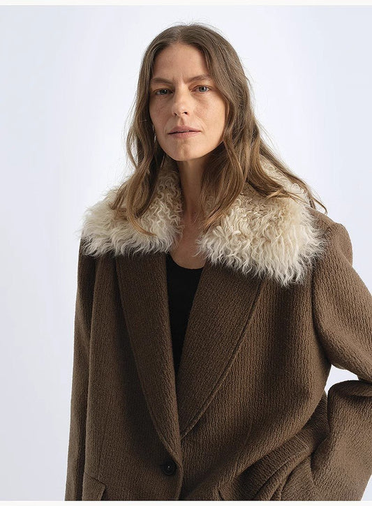 Fireladyfur Wool Tweed Coat with Detachable Fur Collar"Vertical Texture"