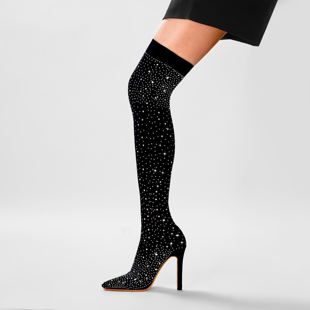 Gem Encrusted Black Thigh High Sock Boots