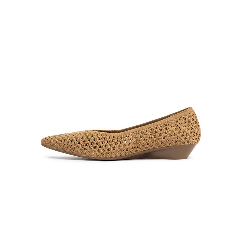 Heart Mesh Knit Pointed Toe Wedge Pumps – Breathable V-Cut Office Heels