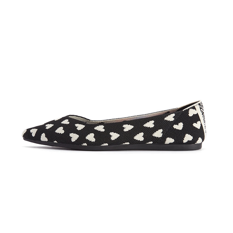Heart Print Pointed Toe Comfortable Flats – Seamless Knit Ballet Flats
